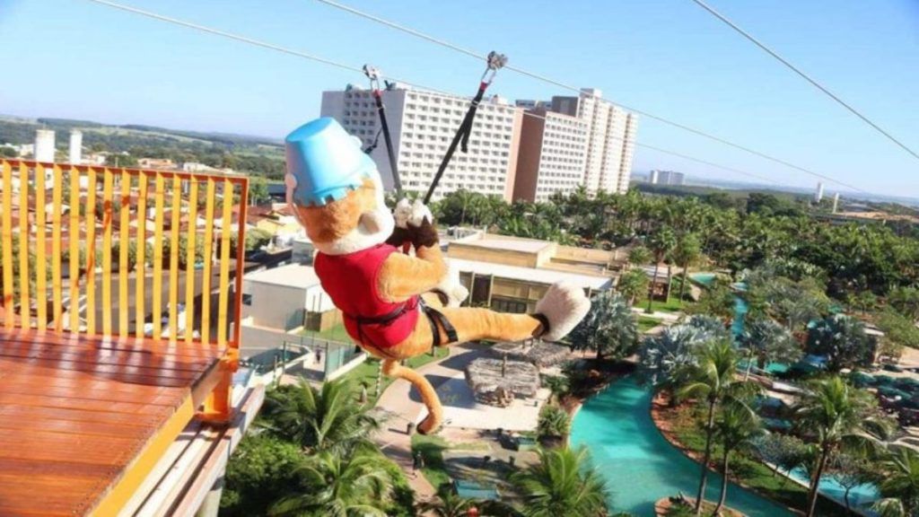 Vista de um cenário de férias com um urso de pelúcia segurando um chapéu em varanda de hotel, ao fundo piscina, jardins e prédios em meio a paisagem verde, ideal para destinos para férias escolares