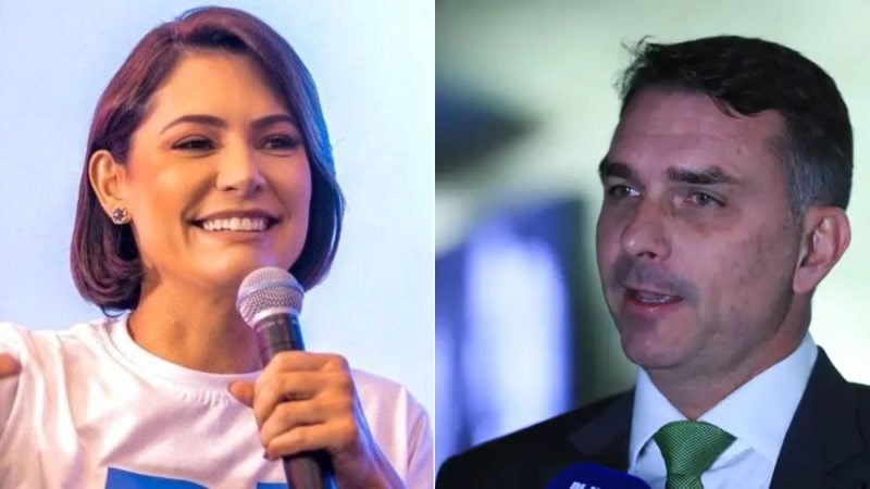 Imagem em dois quadros com Flávio Bolsonaro e Michelle Bolsonaro: Flávio fala em entrevista e Michelle aparece ao fundo sorrindo com microfone, em referência à polêmica sobre alegações de machismo.