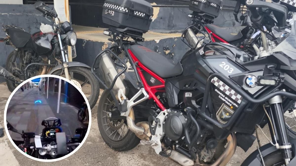 Motocicletas estacionadas em via urbana, com detalhe em circular de um painel e equipamento de uma câmera de segurança, ilustrando o vídeo sobre motociclista atropelando três pessoas durante fuga em Campinas.