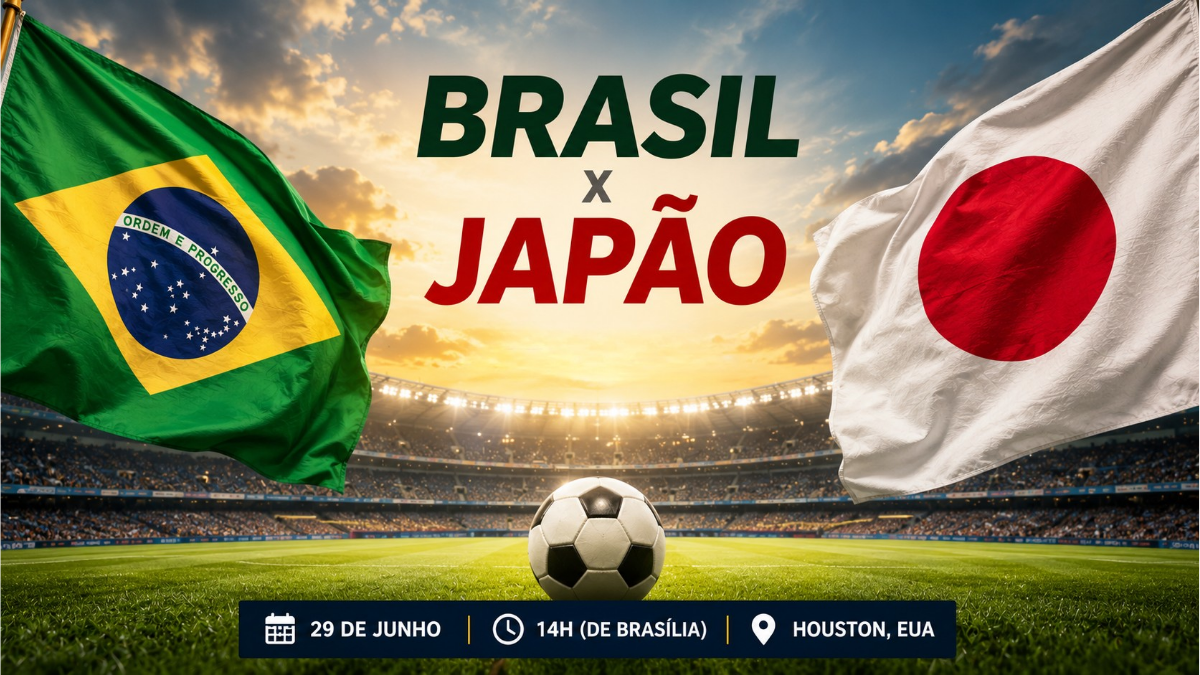 Imagem de futebol com as bandeiras do Brasil e do Japão lado a lado, com o texto “Brasil x Japão” e uma bola no centro, em contexto de mata-mata da Copa.