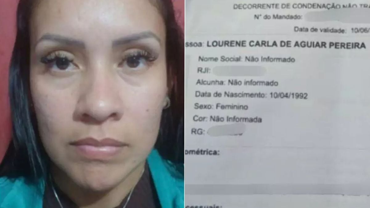 Foto de identificação em close de uma mulher presa, com registro à direita em documento, em contexto de condenação por tentativa de agressão contra a sogra com enxadadas no litoral de SP.