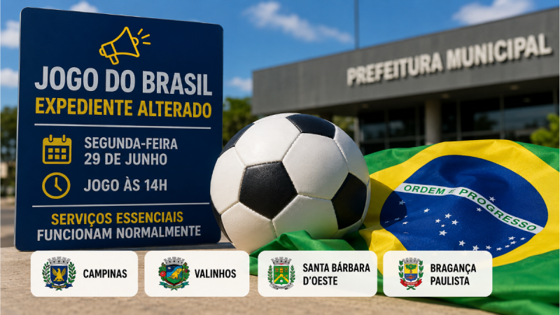 Placa “Jogo do Brasil – Expediente alterado” com bola de futebol e bandeiras do Brasil e dos municípios, indicando mudança no expediente público para o próximo jogo, em São Paulo.