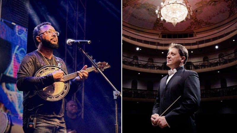 Campinas celebra aniversário de 252 anos com show: Dudu Nobre toca banjo e canta no palco ao lado de maestro em apresentação de concerto sinfônico em teatro lotado.