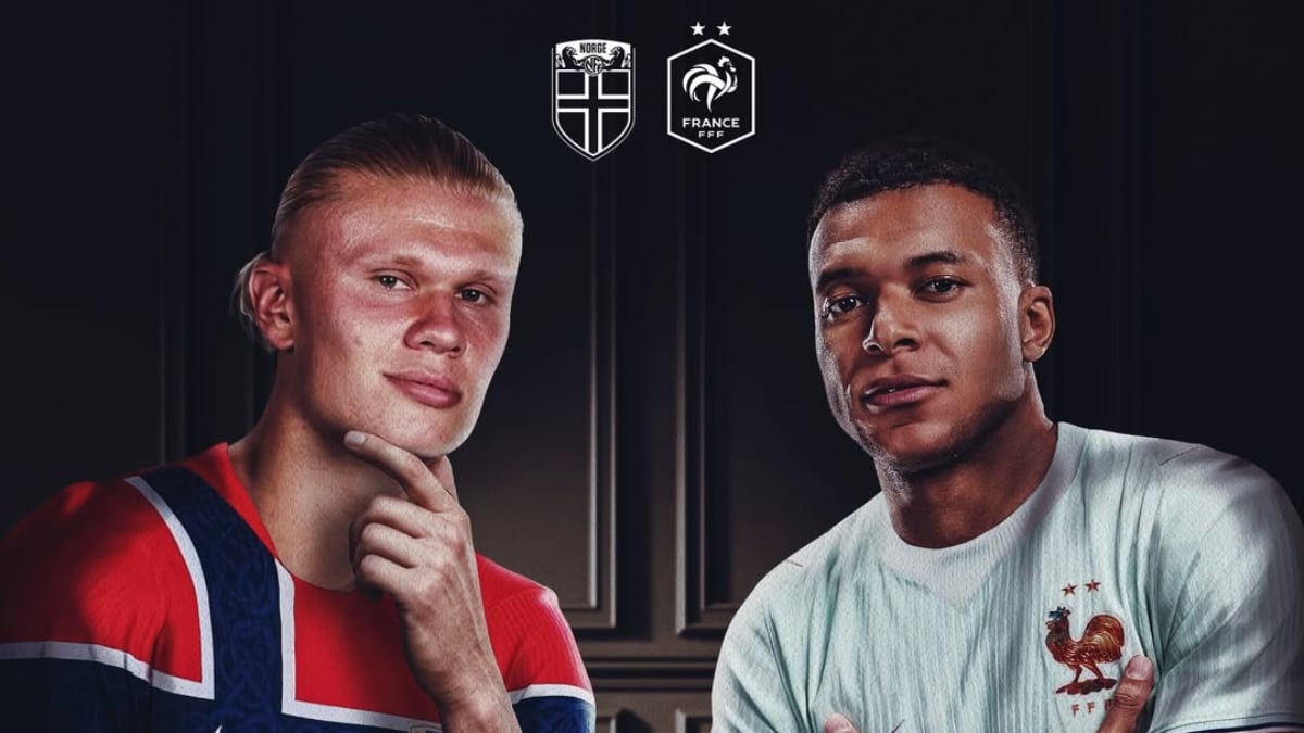 Noruega x França em destaque com dois jogadores em retratos: um com uniforme vermelho e azul da seleção norueguesa, e outro com camisa branca da seleção francesa, com escudos ao fundo.