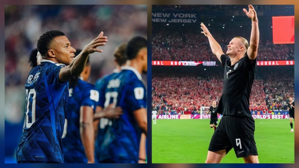 Comparativo de jogo de futebol com dois treinadores/ técnicos em destaque em campo, um em camisa azul comemorando e outro em roupa preta levantando os braços; imagem relacionada ao confronto Noruega x França.