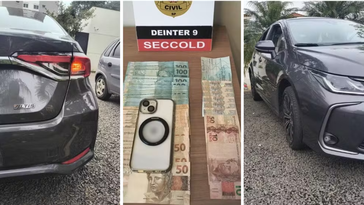 Registro de apreensão em operação policial com carros estacionados e documentos ao lado de cédulas e um celular, sugerindo fraude com notas fiscais falsas e movimentação financeira ilegal.