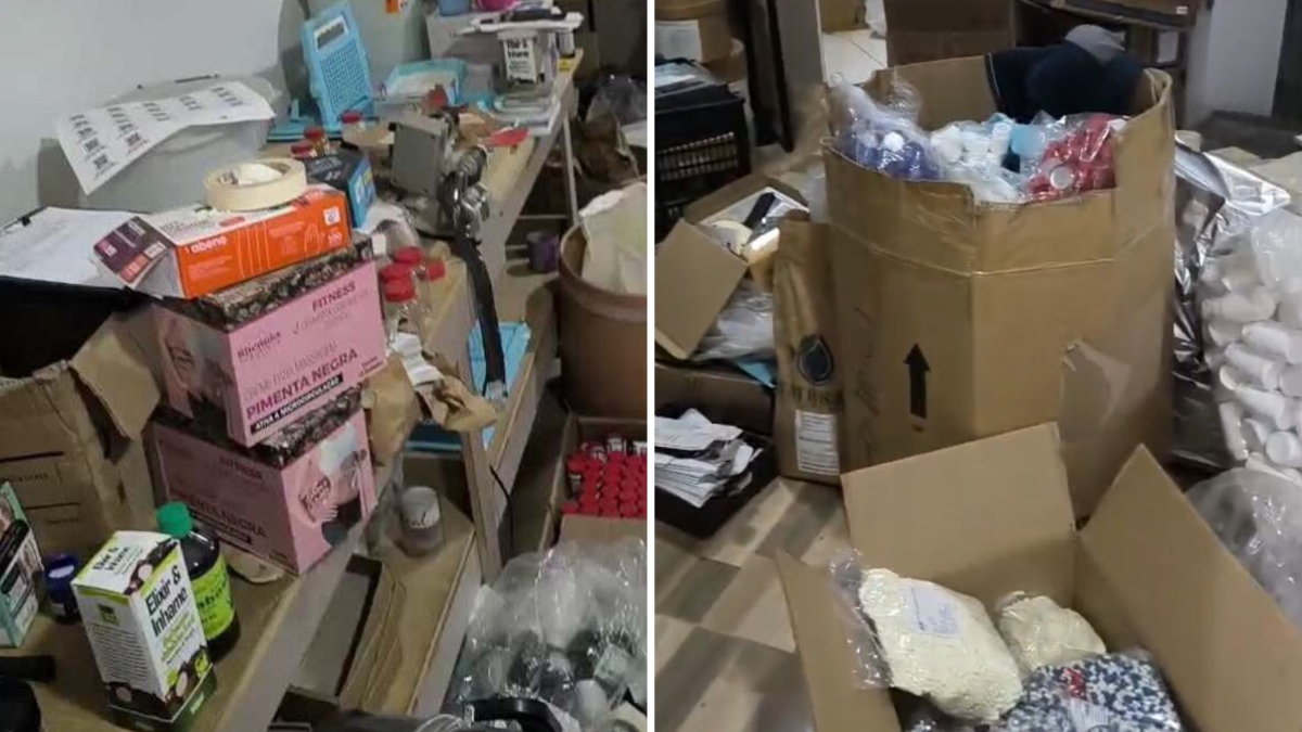 Registro de itens e materiais apreendidos em operação contra fábrica clandestina em Americana: caixas e recipientes com substâncias e produtos no interior do local investigado.