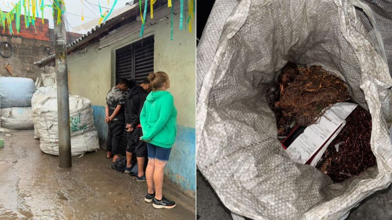 Polícia em ação em ferro-velho irregular em Santos: agentes inspecionam o local e, à direita, pacote de sucata com materiais misturados e documentos apreendidos.