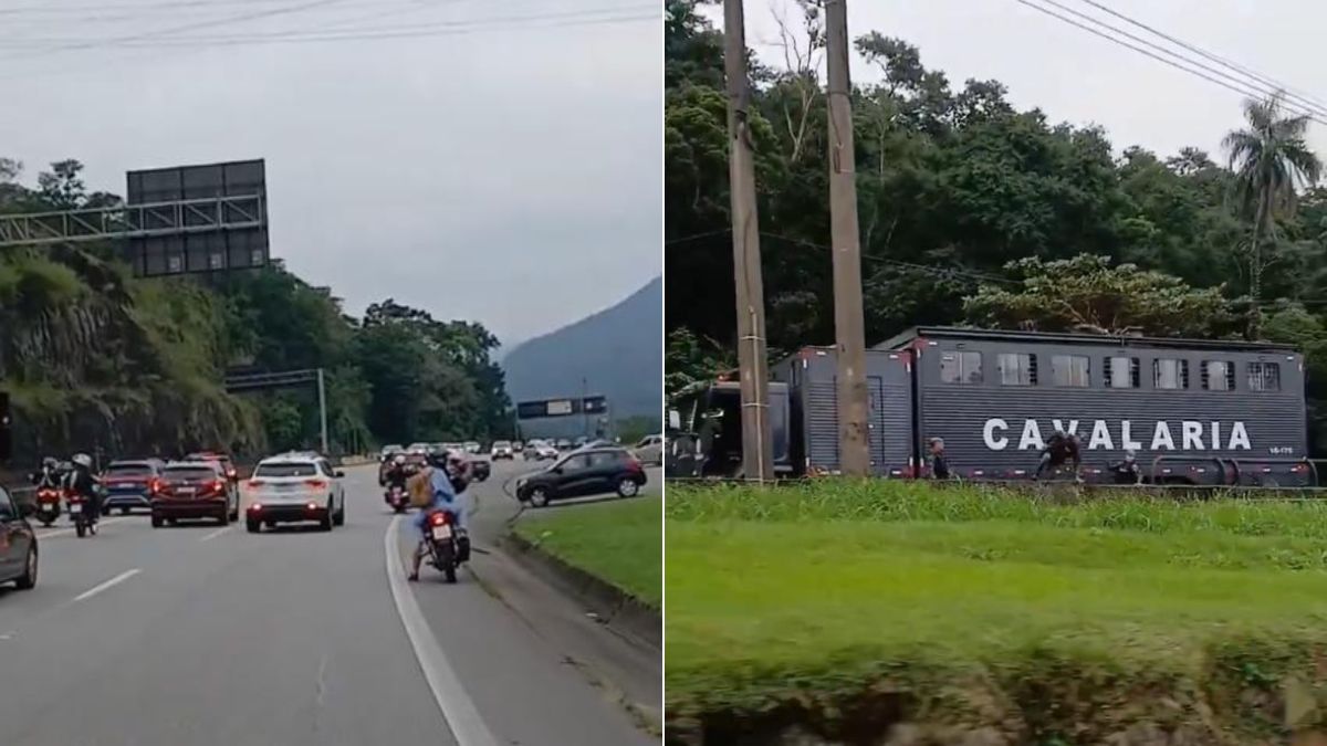 Caminho de veículos em rodovia com motociclistas e carros em fuga pela contramão da avenida Imigrantes, em Cubatão, após ocorrência com motoristas em congestionamento