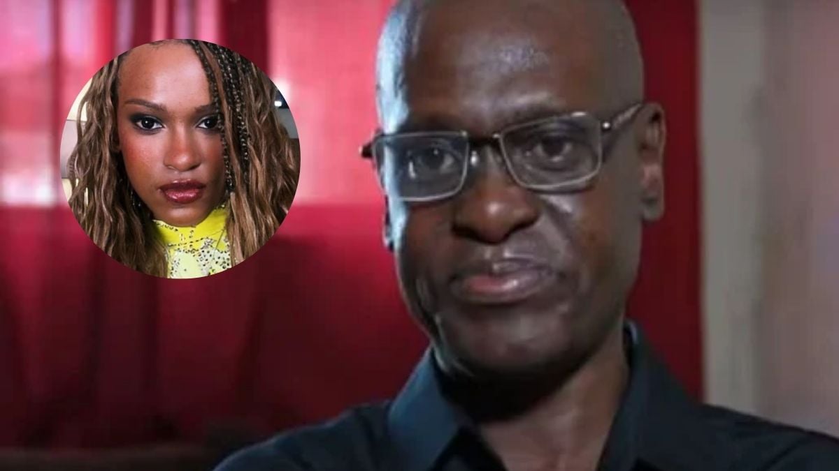 Imagem mostra o vídeo com Ricardo Andrade, pai da ginasta Rebeca Andrade, em primeiro plano, com a foto de Rebeca em destaque no canto esquerdo. Contexto de luto e homenagem, com fundo vermelho.
