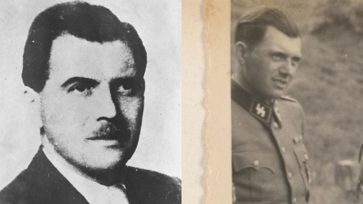 Colagem em preto e branco com a foto de Josef Mengele, médico nazista, ao lado de uma imagem colorida dele em uniforme militar, associada a informações sobre sua morte