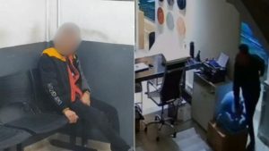 Imagem dividida em dois quadros mostra um homem sentado em uma sala com segurança, com o rosto desfocado, e, no segundo quadro, outro suspeito em um ambiente interno com equipamentos; contexto de homem preso após furtos em comércios de Santos e com mandados de prisão em aberto.