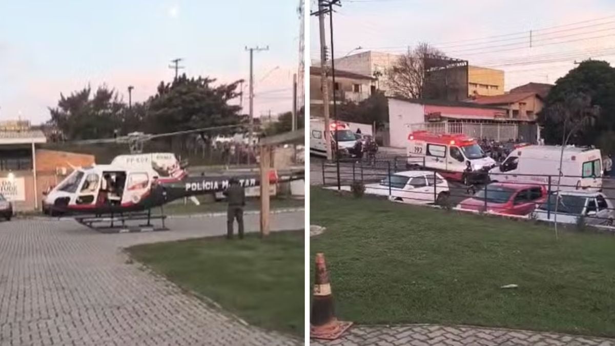 Cenas externas em Monte Mor após explosão envolvendo um tacho, com viaturas de resgate e ambulâncias do lado de fora de um prédio, ao fundo uma equipe policial.