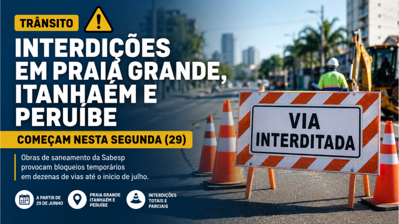 Banner de aviso de trânsito com placas “Trânsito: Interdições em Praia Grande, Itanhaém e Peruíbe” e sinal “Via interditada”, indicando início de obras de saneamento e mudanças no fluxo de veículos na Baixada Santista.