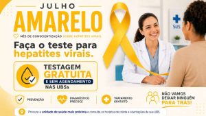 Arte de campanha Julho Amarelo Limeira com faixa amarela e profissional de saúde orientando paciente; destaque para testagem gratuita de hepatites virais nas UBSs sem agendamento.