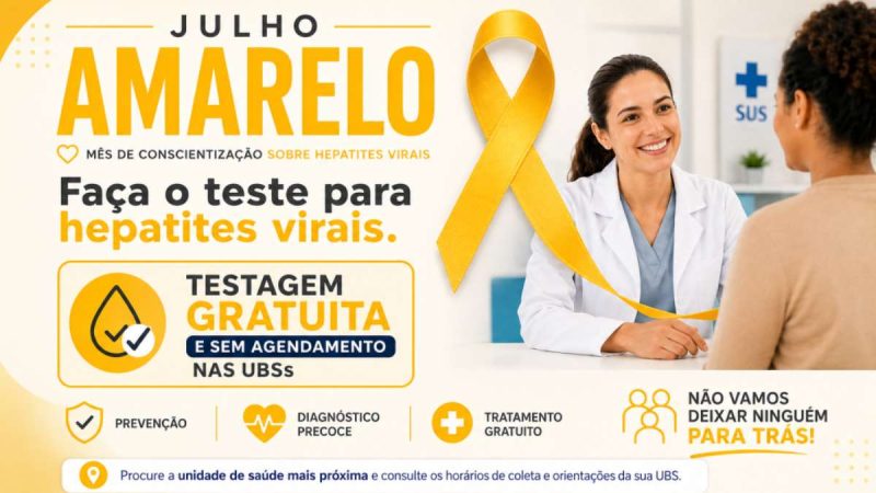 Arte de campanha Julho Amarelo Limeira com faixa amarela e profissional de saúde orientando paciente; destaque para testagem gratuita de hepatites virais nas UBSs sem agendamento.