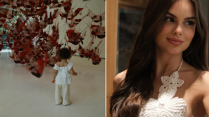 Amanda Kimberlly em destaque, em uma foto que aparece dividida em dois quadros, com ela em primeiro plano usando um vestido claro com detalhes de renda, em contexto de entrevista sobre a ausência de Helena na Copa.