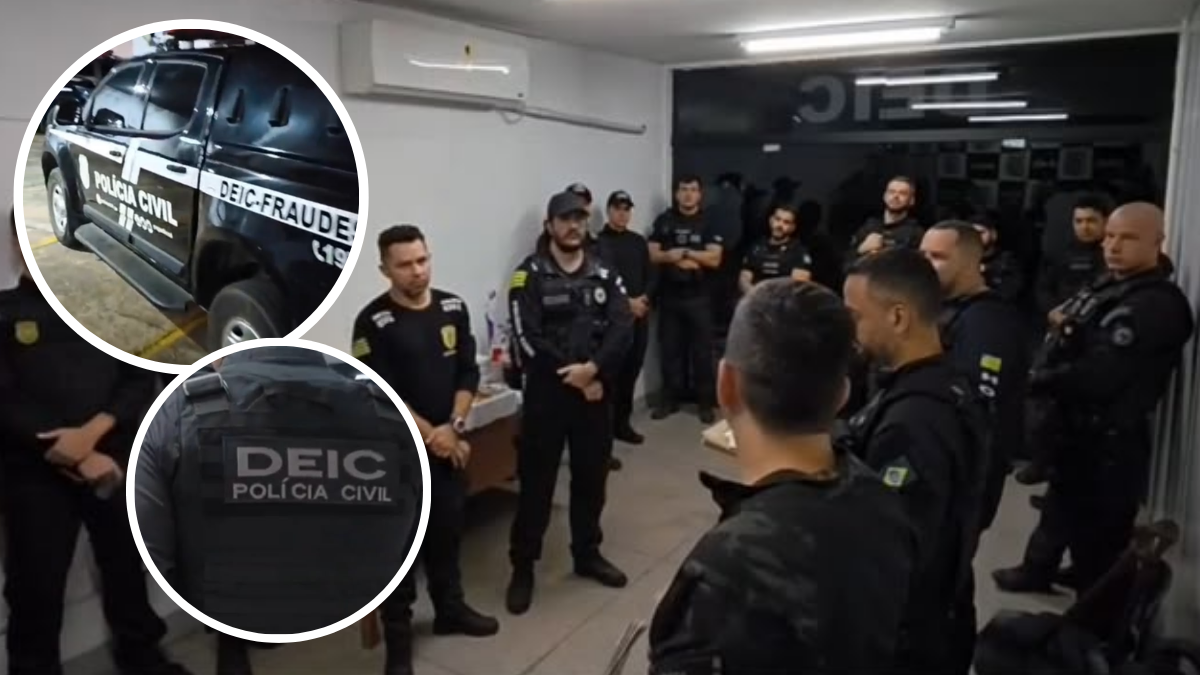Policiais civis em uma sala durante investigação que apura o golpe do falso advogado, com imagens em destaque de identificação e do veículo da polícia