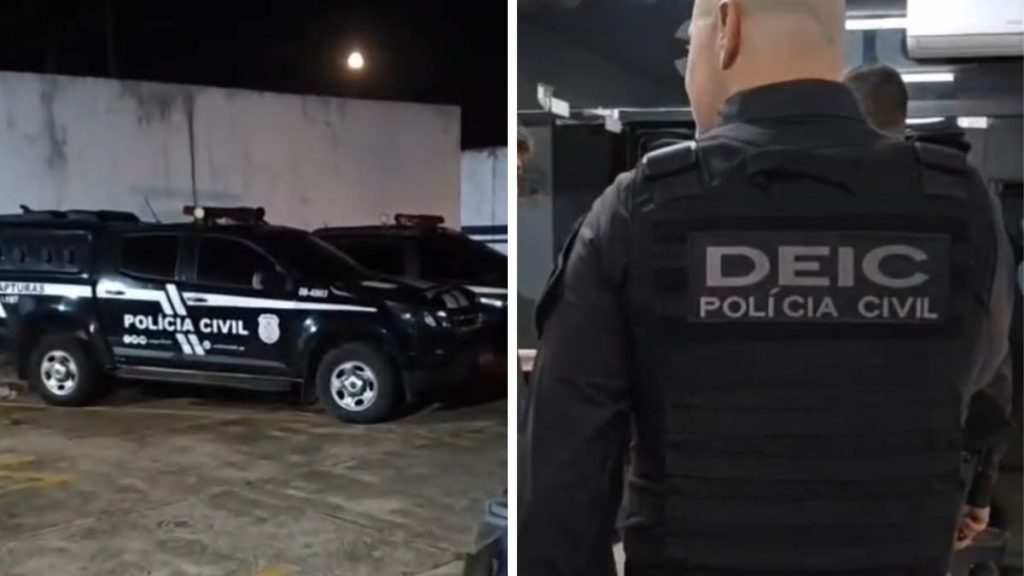 Colagem com viatura e agente da Polícia Civil em operação, com colete “DEIC”, destacando a investigação e combate ao golpe do falso advogado.