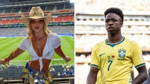 Vini Jr em duas fotos: uma imagem de atleta usando camisa da seleção brasileira amarela, e outra mostrando uma mulher com chapéu e óculos em estádio, sugerindo post e rumores de reconciliação.