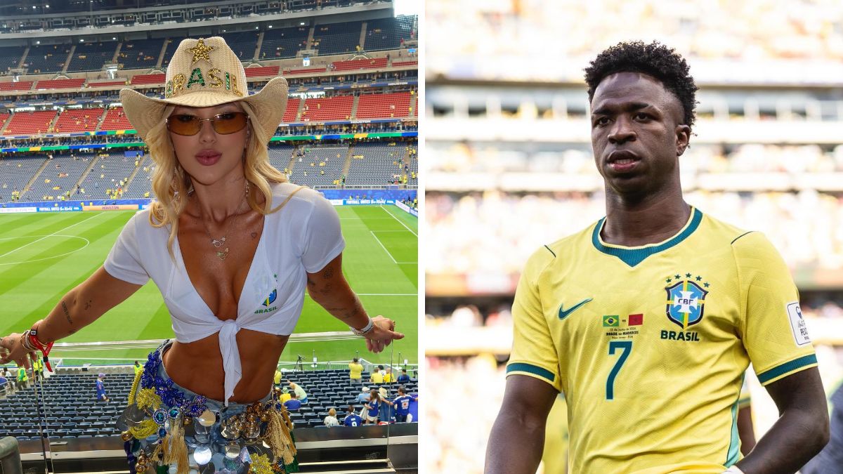 Vini Jr em duas fotos: uma imagem de atleta usando camisa da seleção brasileira amarela, e outra mostrando uma mulher com chapéu e óculos em estádio, sugerindo post e rumores de reconciliação.