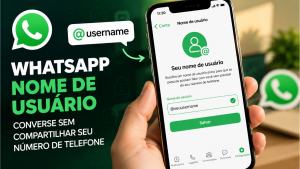 Celular exibindo a tela de “Nome de usuário” no WhatsApp, com campo @seunome e botão Salvar, enquanto a imagem destaca “WhatsApp nome de usuário” e “como reservar”.
