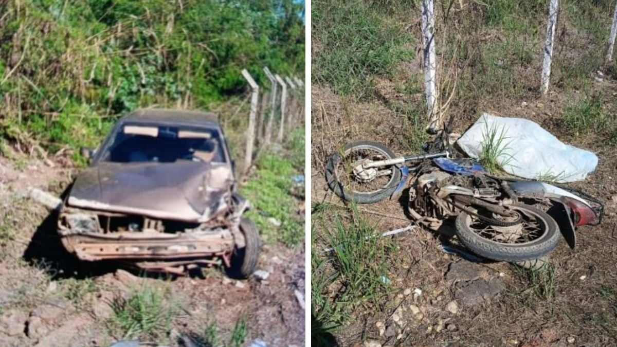 Imagem em duas cenas mostra um carro danificado e uma motocicleta caída em área de vegetação, após acidente em Piracicaba, associado a motorista embriagado sem CNH.