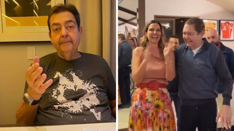 Faustão aparece em dois momentos: sentado em uma mesa em ambiente interno, fazendo um gesto com a mão, e em seguida em uma festa ao lado da esposa, sorrindo ao cumprimentar convidados após a internação, sem cadeira de rodas.