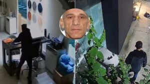Homem preso por série de furtos em Santos: imagens de câmeras de segurança mostram um suspeito em corredor interno e, ao lado, um retrato do investigado em destaque.