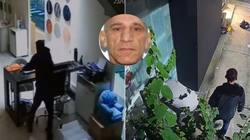 Homem preso por série de furtos em Santos: imagens de câmeras de segurança mostram um suspeito em corredor interno e, ao lado, um retrato do investigado em destaque.