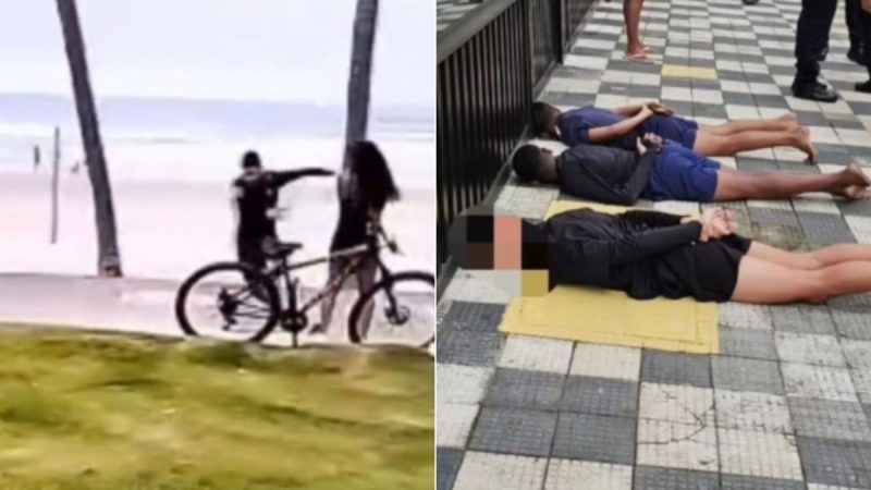 Imagem em dois painéis: à esquerda, bicicletas na praia; à direita, adolescentes imobilizados no chão enquanto policiais permanecem ao redor, em Guarujá.