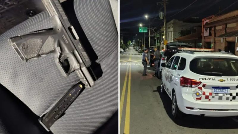 Homem detido após disparos em Piracicaba: imagens mostram arma apreendida em primeiro plano e viaturas da Polícia Militar com agentes na rua durante a ocorrência à noite.
