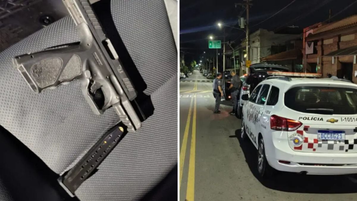 Homem detido após disparos em Piracicaba: imagens mostram arma apreendida em primeiro plano e viaturas da Polícia Militar com agentes na rua durante a ocorrência à noite.