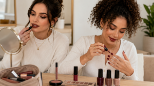 Mulheres aplicando maquiagem com batom e esmaltes em tons sofisticados de marrom e vinho, em cenário de beleza que remete ao Inverno 2026, com paleta elegante e ferramentas de maquiagem na mesa.