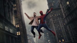 Messi aparece ao lado do Homem-Aranha em cena de teaser: o personagem aranha salta entre prédios altos enquanto Messi voa com os braços abertos no ar.