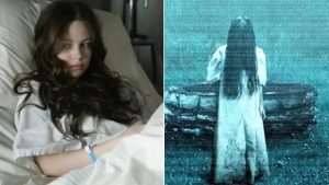 Imagem em montagem com duas cenas de terror: à esquerda uma jovem de cabelo escuro deitada em uma cama, e à direita uma figura assustadora com cabelo longo e roupa clara em ambiente aquático, lembrando a personagem Samara de O Chamado.