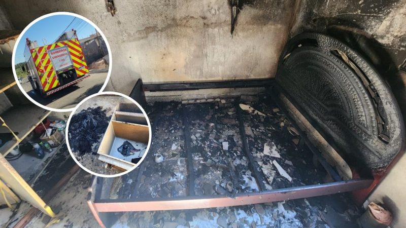 Cena de incêndio em Limeira: foco em área queimada, objetos e pneus ao lado, com recortes em destaque sugerindo imagens do ocorrido em casa após possível ação de jovem contra o ex.