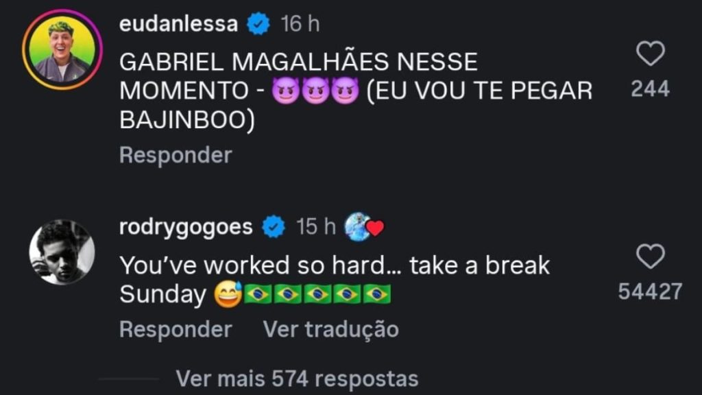 Print de comentários em redes sociais com mensagens de brasileiros mencionando Haaland, incluindo “Gabriel Magalhães nesse momento” e emojis, antes do jogo Brasil x Noruega.