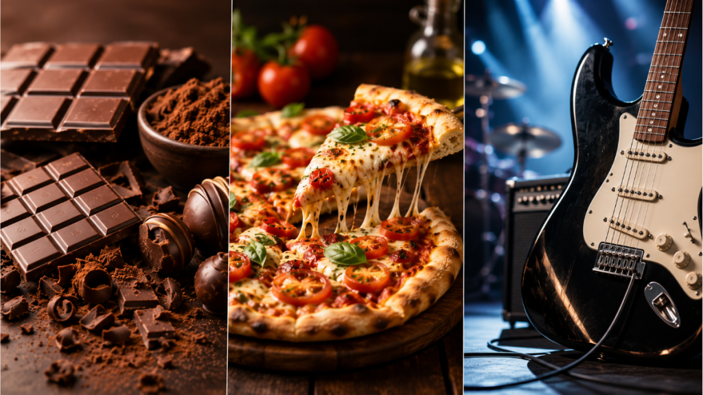 Imagem em três partes com chocolate em pedaços e trufas, uma pizza com ingredientes e um violão de guitarra em palco, representando um Calendário de julho 2026 com datas especiais de sabor e cultura.