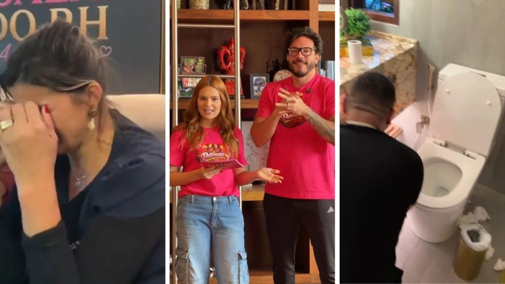Viih Tube em vídeo aparece sorrindo ao lado de um homem em cenário de reality, enquanto outras imagens mostram reações emocionais e uma situação bizarra, com falas sobre empregados.