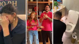 Viih Tube em vídeo aparece sorrindo ao lado de um homem em cenário de reality, enquanto outras imagens mostram reações emocionais e uma situação bizarra, com falas sobre empregados.