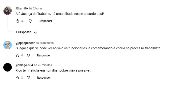 Viih Tube em destaque em comentários de rede social, com debate após criar um reality envolvendo empregados. Tela mostra mensagens e reações ao vivo.