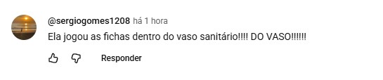 Comentário em rede social mencionando Viih Tube, com a frase “Ela jogou as fichas dentro do vaso sanitário!!!!” e o texto em tom de surpresa, em uma publicação online.