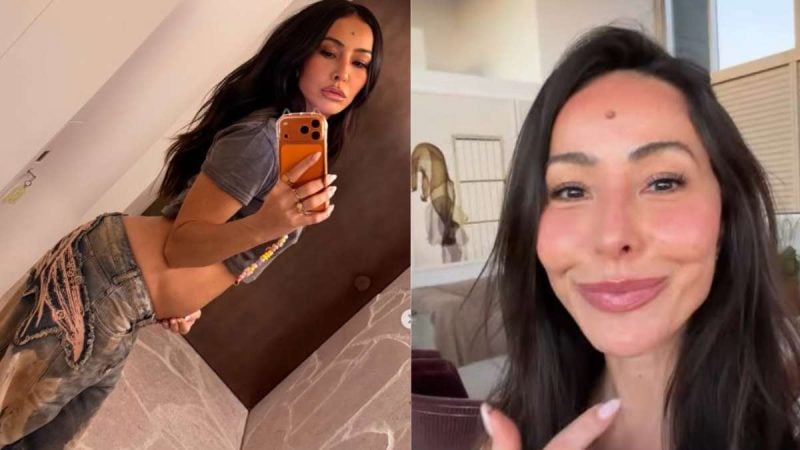 Sabrina Sato aparece em duas fotos tiradas no espelho, exibindo mudanças no corpo e inchaço durante a gestação, em referência ao tema “A cara do hormônio”.