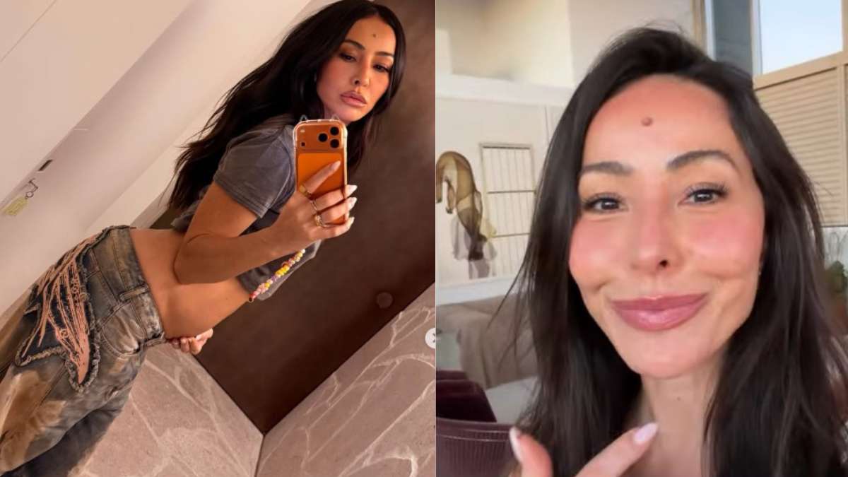 Sabrina Sato aparece em duas fotos tiradas no espelho, exibindo mudanças no corpo e inchaço durante a gestação, em referência ao tema “A cara do hormônio”.