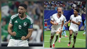 Brasil nas quartas da Copa do Mundo: imagens mostram dois jogadores em momentos de comemoração em partidas internacionais, com atletas em destaque de times diferentes, sugerindo possíveis adversários do Brasil.