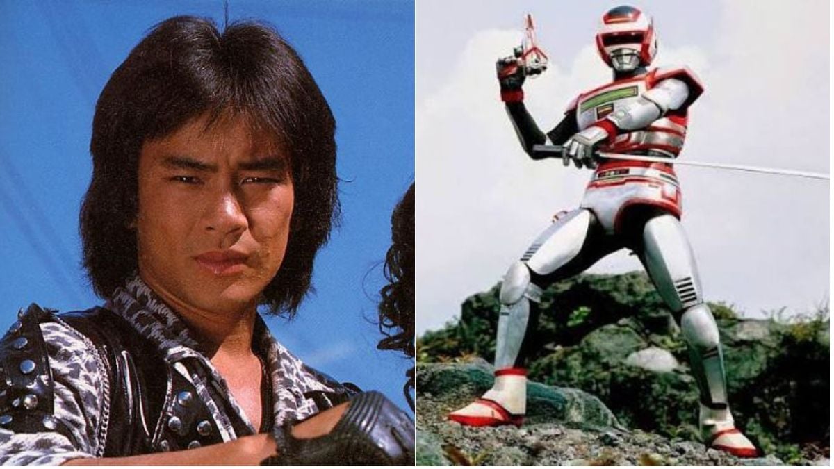 Hikaru Kurosaki em foto promocional com cabelo longo e jaqueta escura, ao lado de imagem do herói de uniforme vermelho e branco de Jaspion em cena de ação.