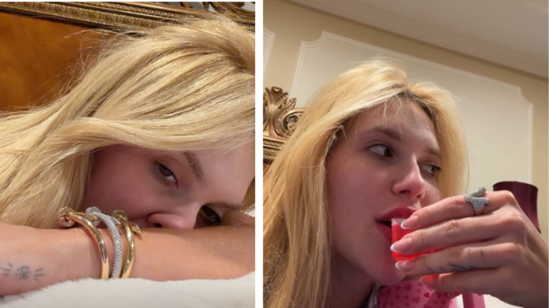 Virginia Fonseca aparece com cabelo loiro, fazendo um gesto com a mão enquanto posa em ambiente interno, com expressão preocupada. Foto relacionada a Virginia Fonseca gripe