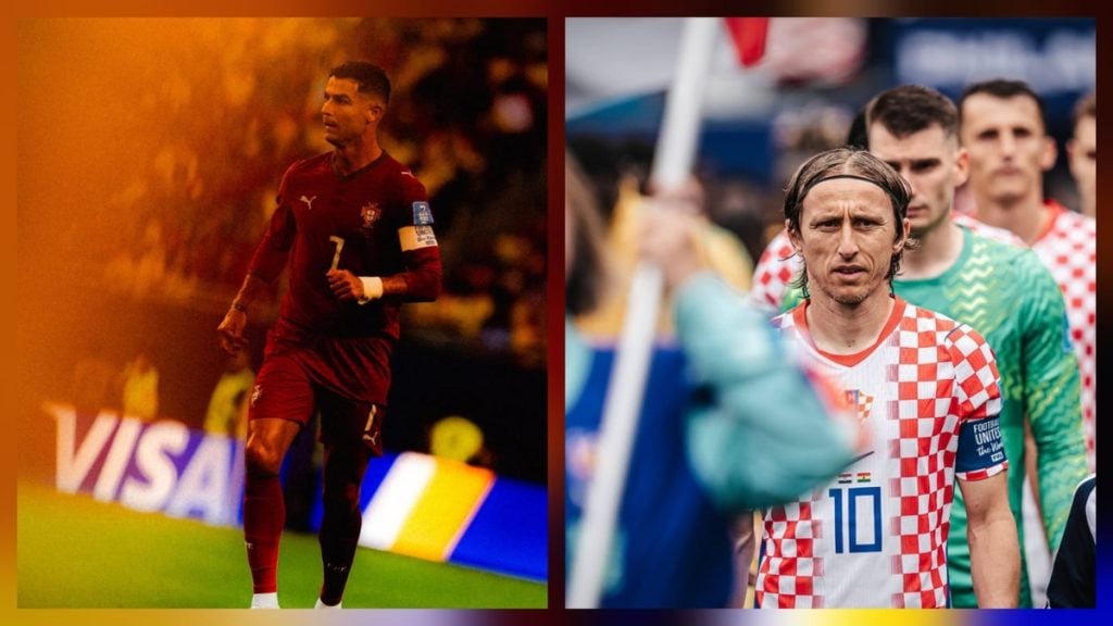 Comparativo de Cristiano Ronaldo e Modric em fotos durante partidas: à esquerda, Cristiano Ronaldo com uniforme vermelho em jogo; à direita, Modric com camisa da Croácia, em campo e ao lado de outros jogadores