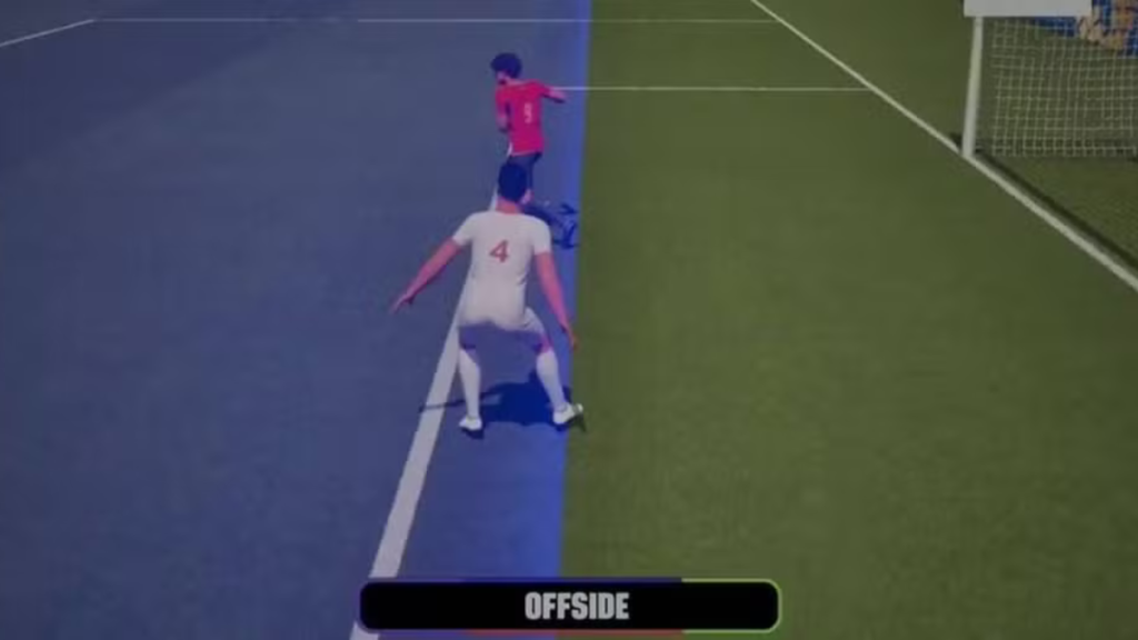 Jogadores em campo durante lance com marcador de VAR e indicação de impedimento (“OFFSIDE”), após revisão no futebol. Contexto de eliminação do Irã para o Egito